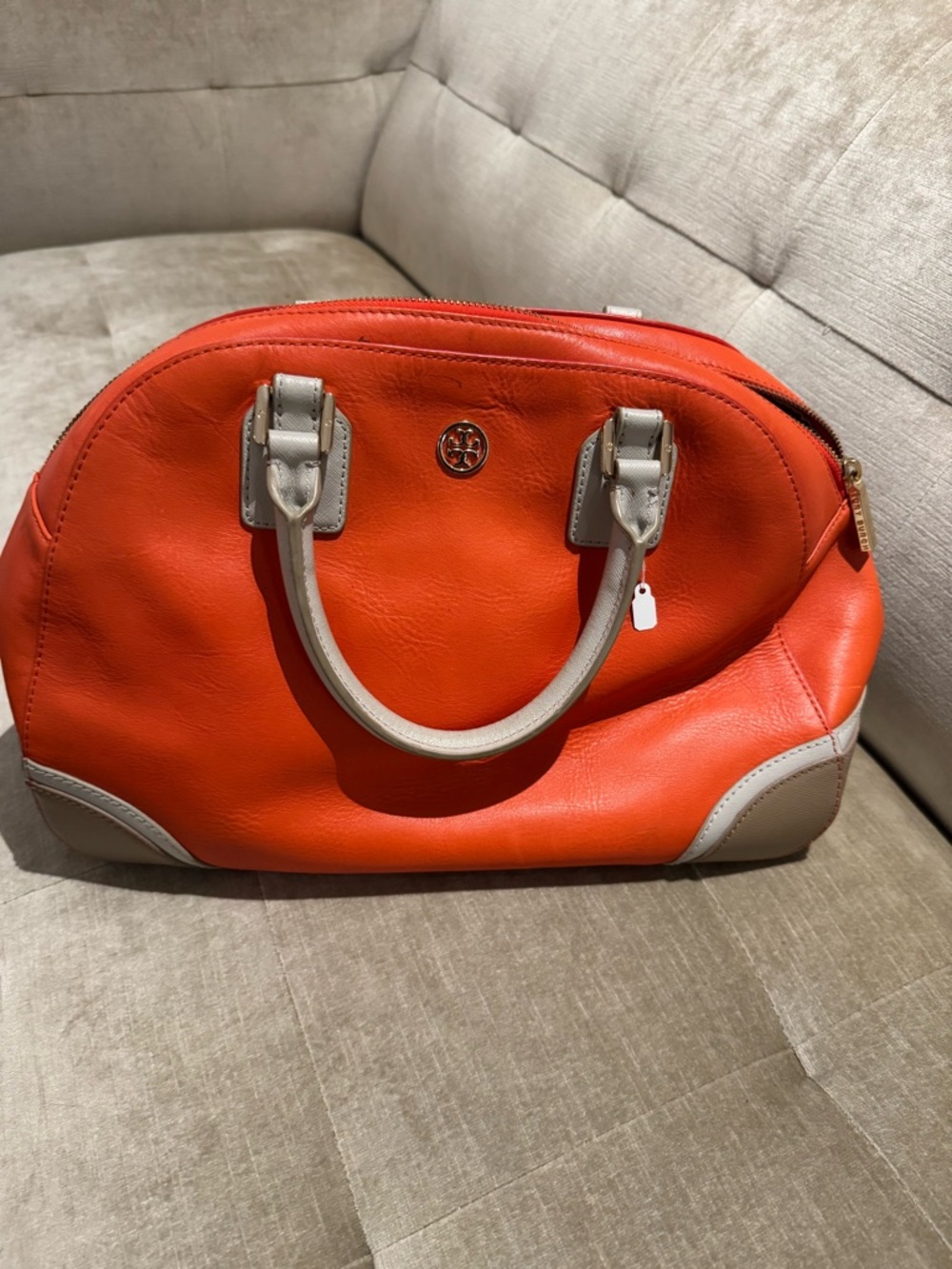 Tory Burch Bright Orange Dome Satchel with Taupe Trim